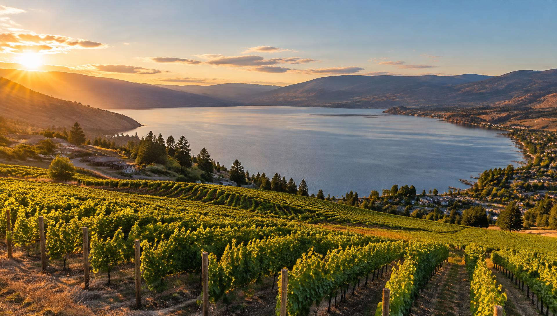 Vineyards above Okanagan Lake at golden hour